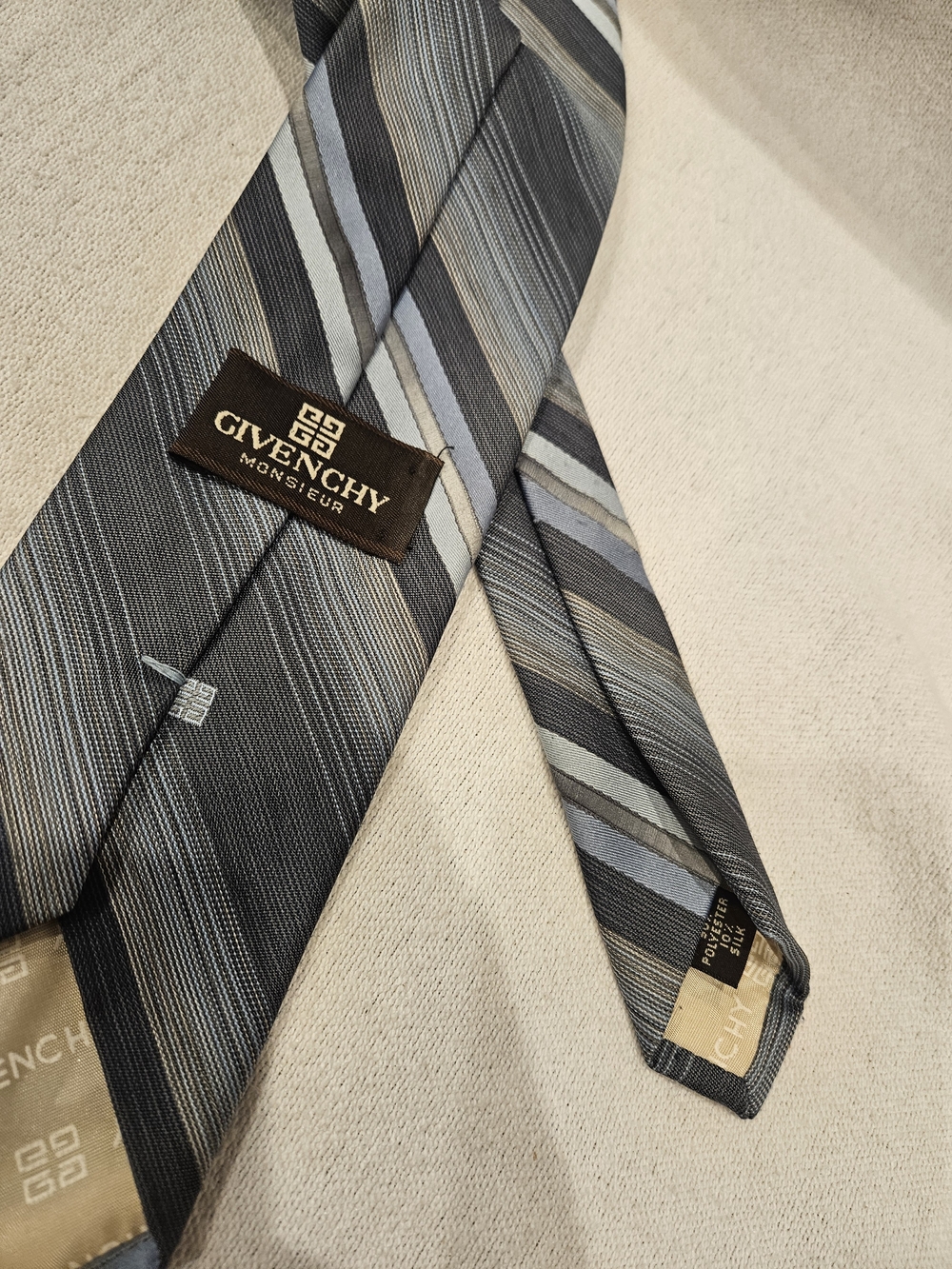 Vintage Givenchy Monsieur Silk Blend Logo Men Neck Tie Blue Gray Striped